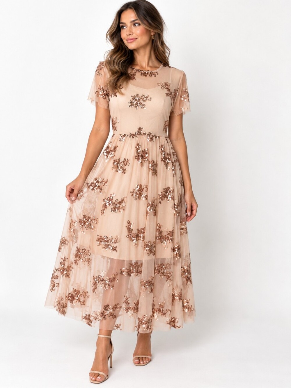 Beautiful Women's Beige Party Dress Sequin Sheer Romantic Feminine Size S